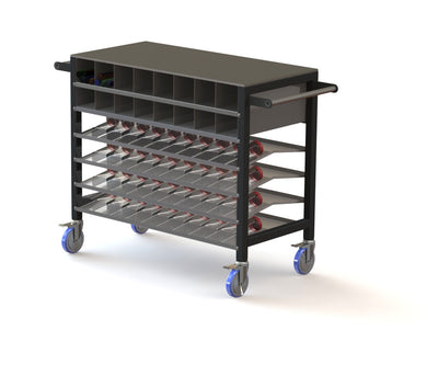 A cart for color frit and bar with a marver top, with the option of 3 or 4 shelves.